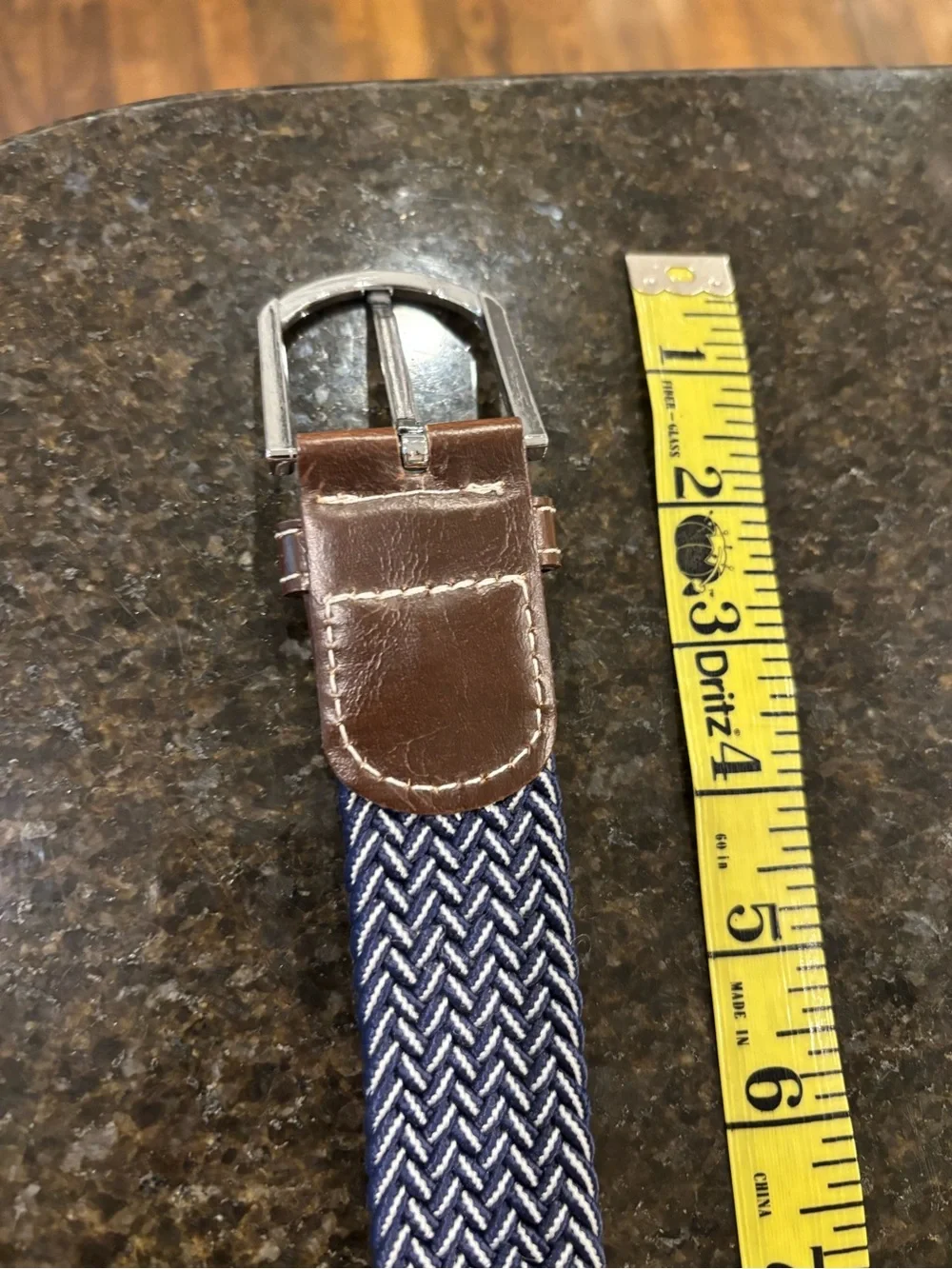 Roostas Men's Woven Stretch Belt in Navy and White with Brown Leather Trim